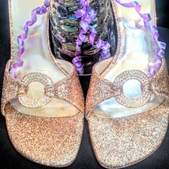 Stuart Weitzman x Swarovski rhinestone gold glitter 3.75" heel slide sandals sz7 - Picture 3 of 9